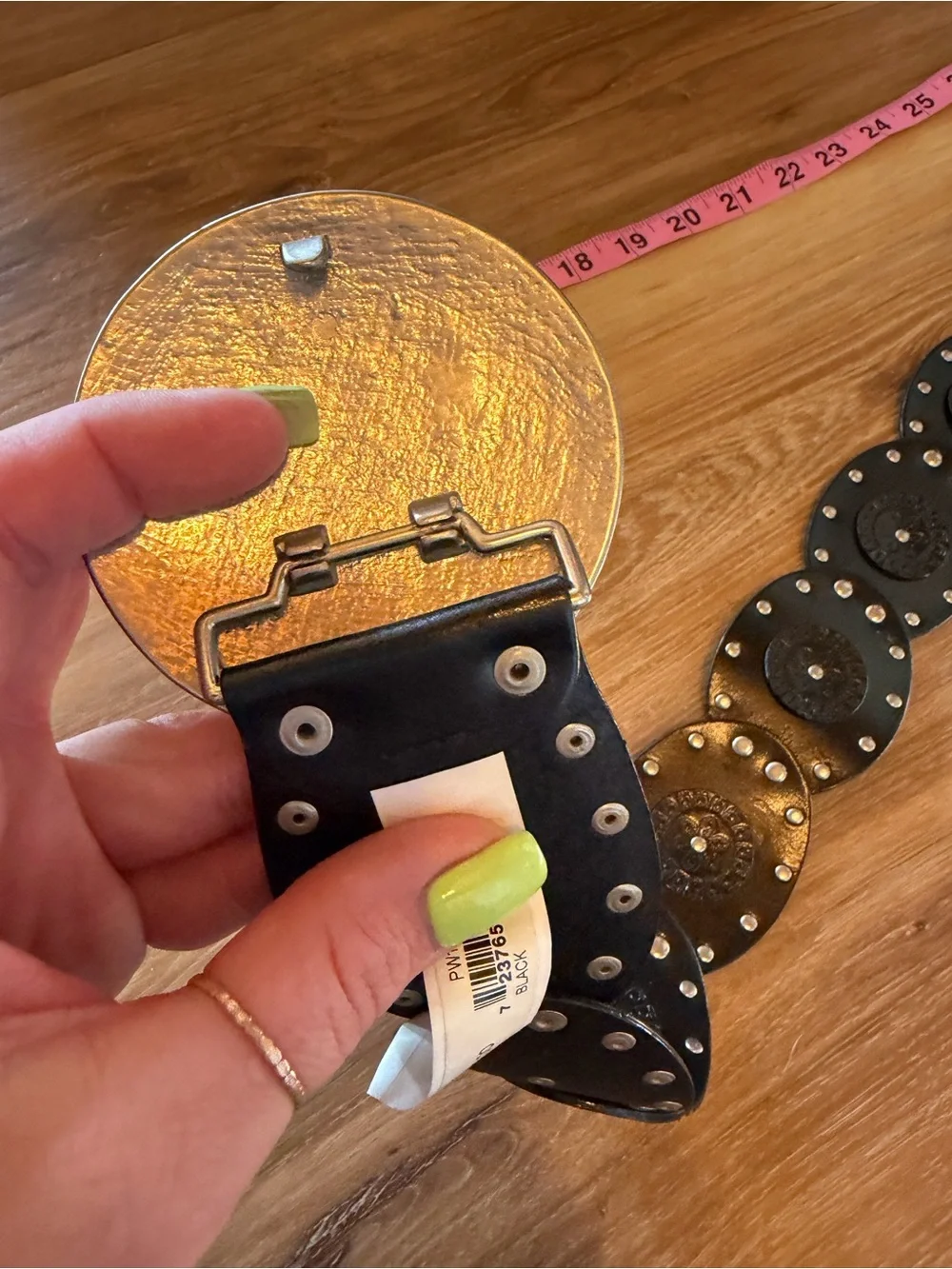 Black Leather Circle-Link Belt with Silver Medallion